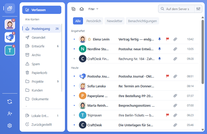 Postosha-Posteingang mit Nachrichtenliste