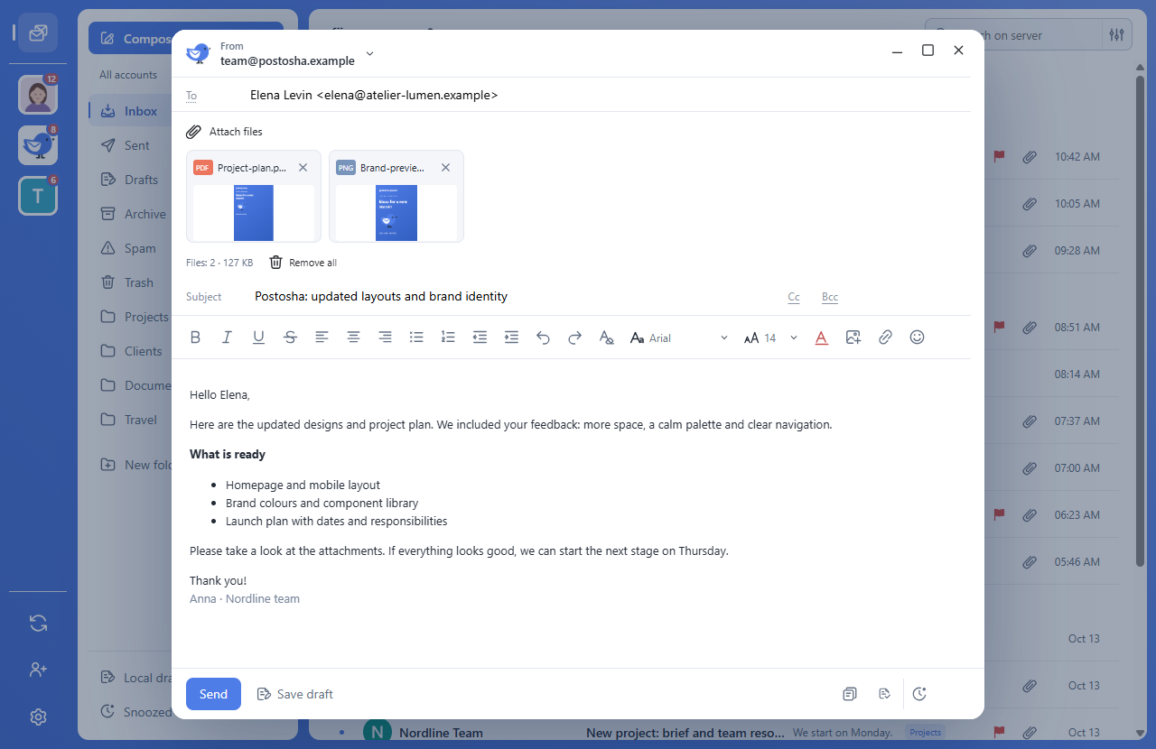 Email templates with attachments and account signatures — Postosha